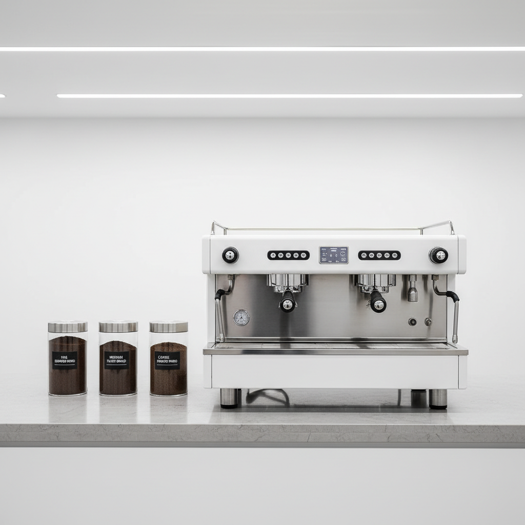 A clinical, clean white espresso machine with stainless steel accents, featuring precise, angular design and polished surfaces, positioned prominently on an uncluttered stone countertop. Next to the machine are glass jars filled with meticulously labeled ground coffee of various consistencies. The workspace sits beneath crisp overhead LED lighting, creating consistent illumination with minimal shadow, highlighting details in both machinery and coffee grounds. The composition uses a centered, wide-angle perspective for a balanced, modern layout. The mood is structured and professional, echoing a high-end commercial showroom, fitting a coffee shop advice website’s knowledgeable identity.
