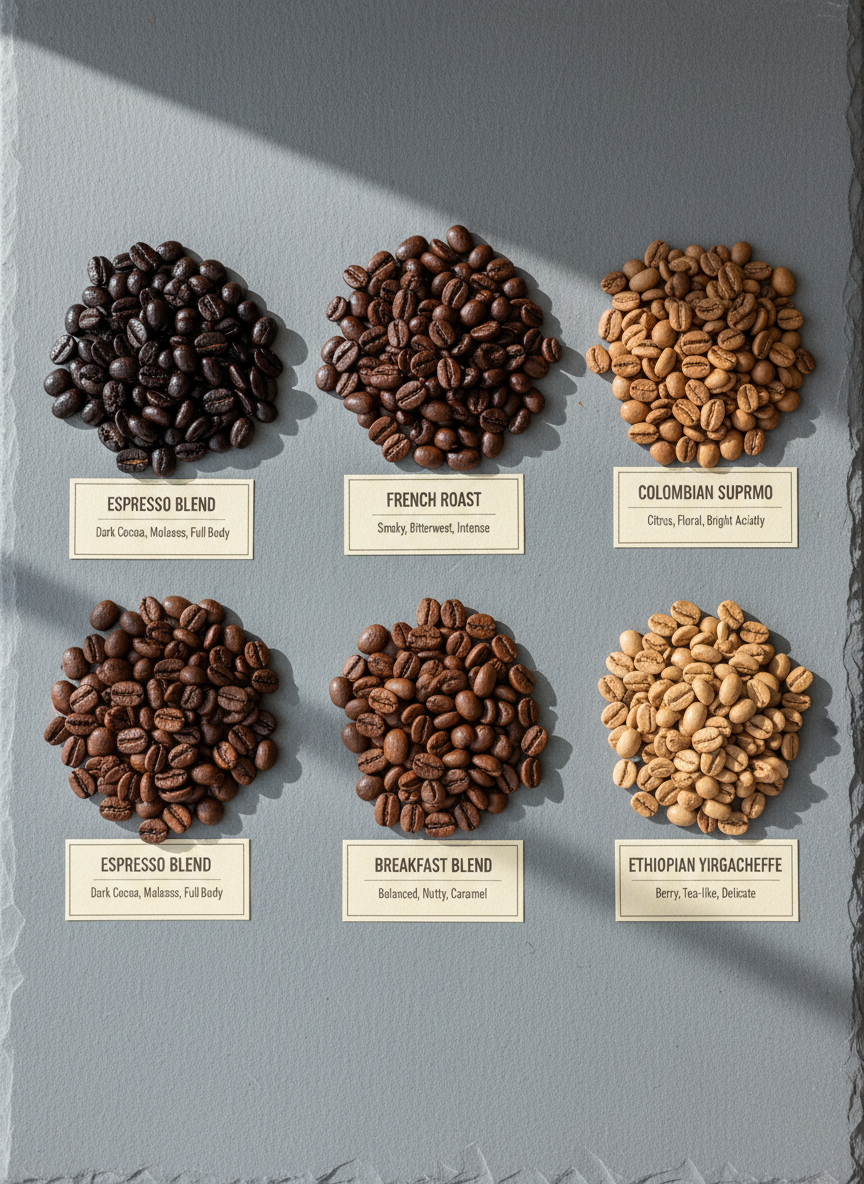 A meticulously arranged flat lay of several varieties of roasted coffee beans, each pile demarcated on a smooth, neutral-toned slate background. The beans range from glistening dark roast with oily surfaces to lightly roasted beans with a matte, textured appearance. Informational cards with expertly printed names and brief tasting notes sit beside each pile, reinforcing the professional and authoritative tone. Soft overcast window light from the left creates subtle, balanced shadows and emphasizes the color gradient of the beans. The composition is structured and orderly, using a bird’s eye view with sharp focus throughout. The mood is clean, knowledgeable, and inviting, exuding a corporate professionalism perfectly suited for a coffee review site.